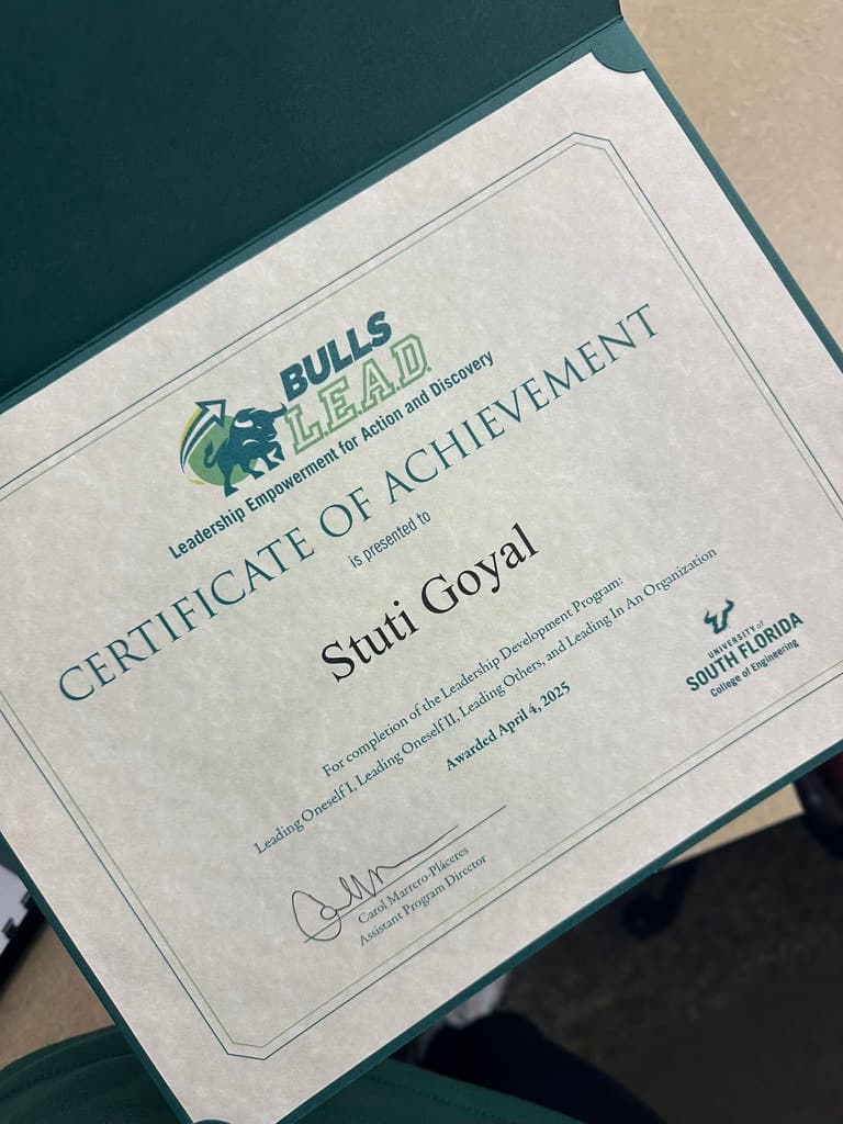 Close-up of Stuti Goyal’s Bulls L.E.A.D. Certificate of Achievement